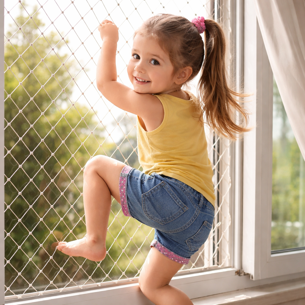 Criança segura com rede de proteção